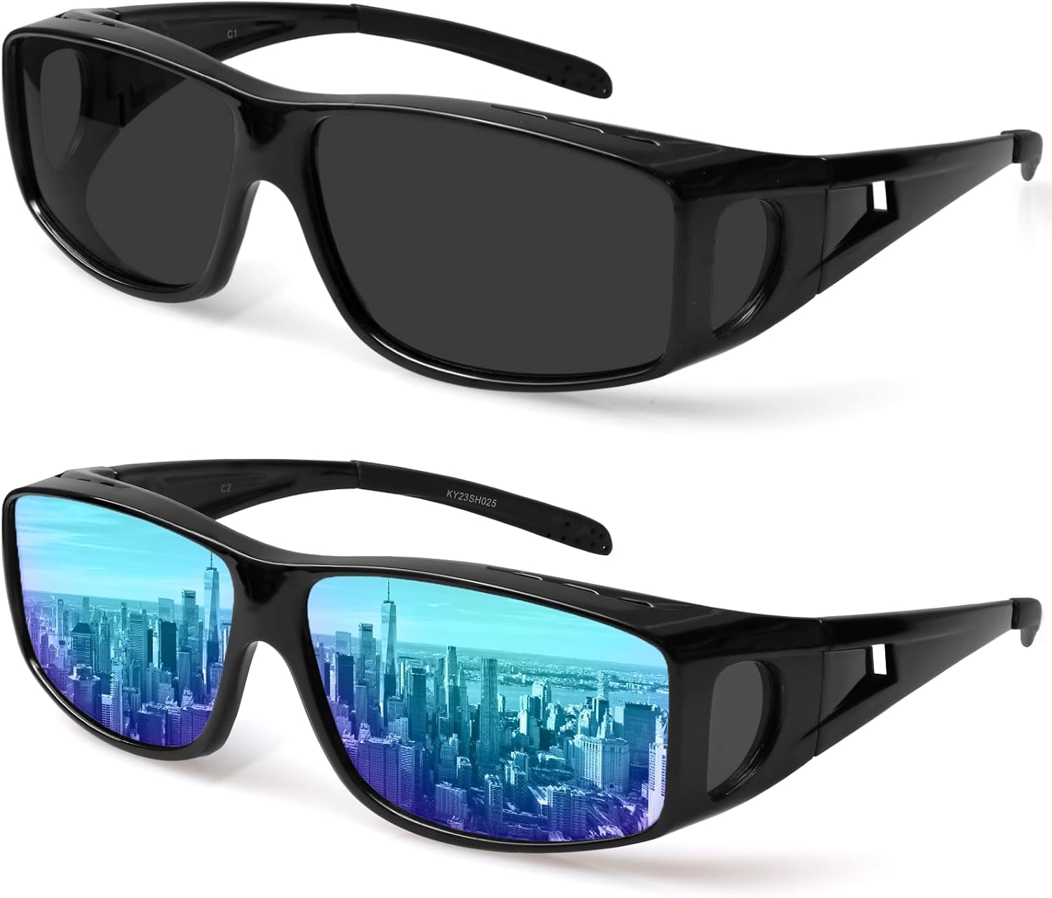 

Солнцезащитные очки Yogo Vision, поляризованные, надеваются поверх обычных очков, 100% защита от УФ. 2 шт: черная оправа, серые линзы и черная оправа, синие зеркальные линзы. Унисекс