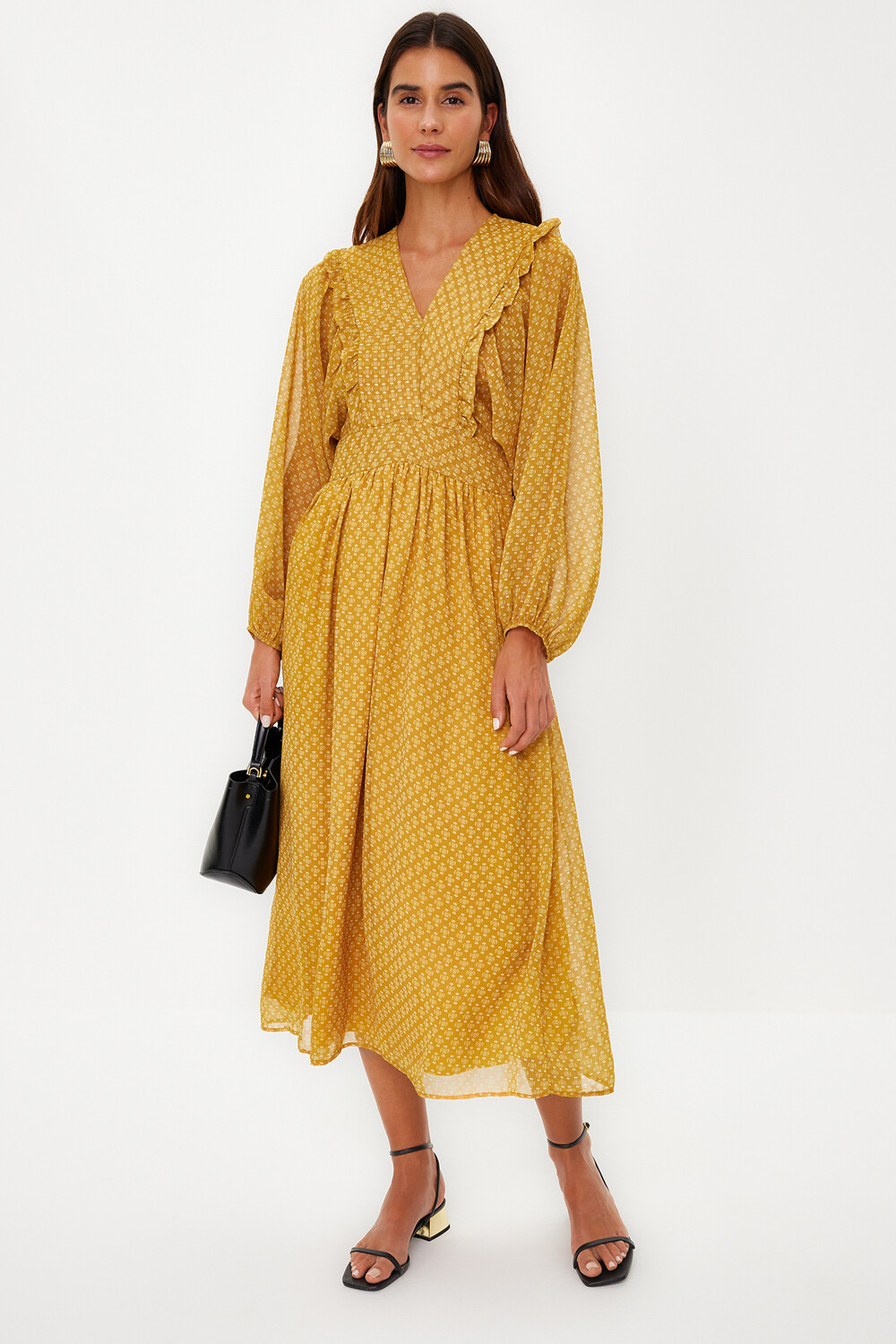 

Горчичное шифоновое тканое платье с минимальным рисунком Trendyol Modest, желтый