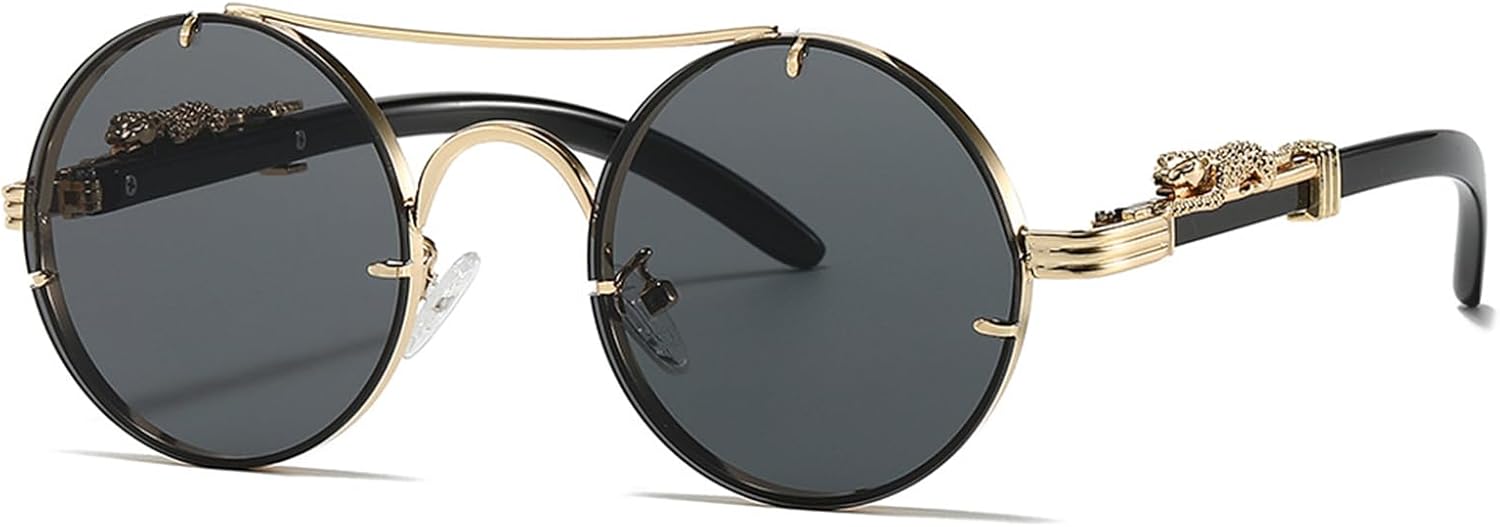 

Винтажные круглые солнцезащитные очки с золотистым леопардовым принтом, двойной перемычкой, в стиле панк, для мужчин и женщин FLJMRAVER, A1* Gold Frame Black Grey Lens