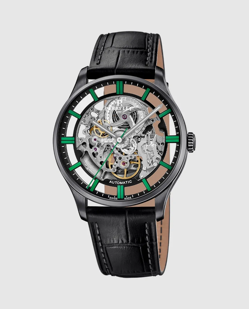 

A1306/3 Weekend Skeleton мужские часы в черной коже Perrelet, черный