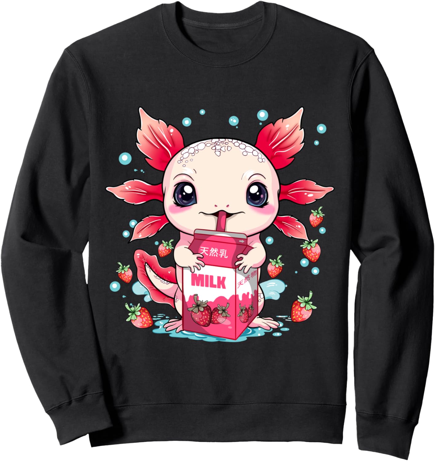 

Милая толстовка в стиле аниме с изображением аксолотля и клубничного молока Cute Kawaii Axolotl For Girls And Teens, черный