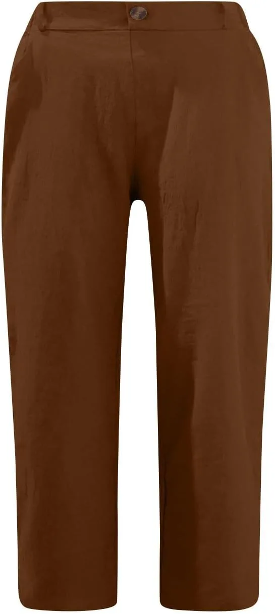 Женские хлопковые льняные капри брюки Casual на резинке с высокой талией прямого кроя укороченные летние с карманом Generic, кофейный — фото 4