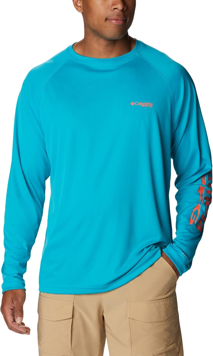 

Columbia мужская футболка PFG Terminal Tackle с длинным рукавом, Ocean Teal/Corange Logo