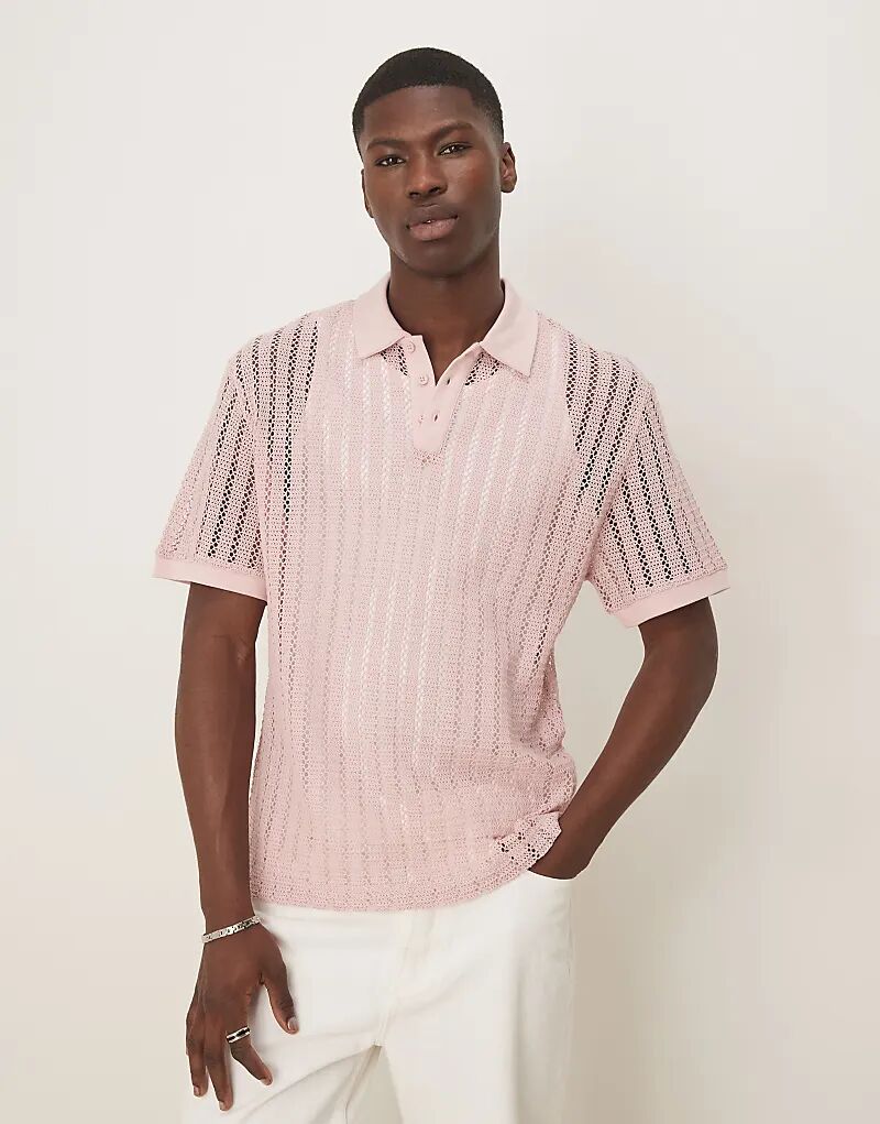 

Свободное поло свободного кроя со спущенным плечом ASOS DESIGN, розовая вязка крючком