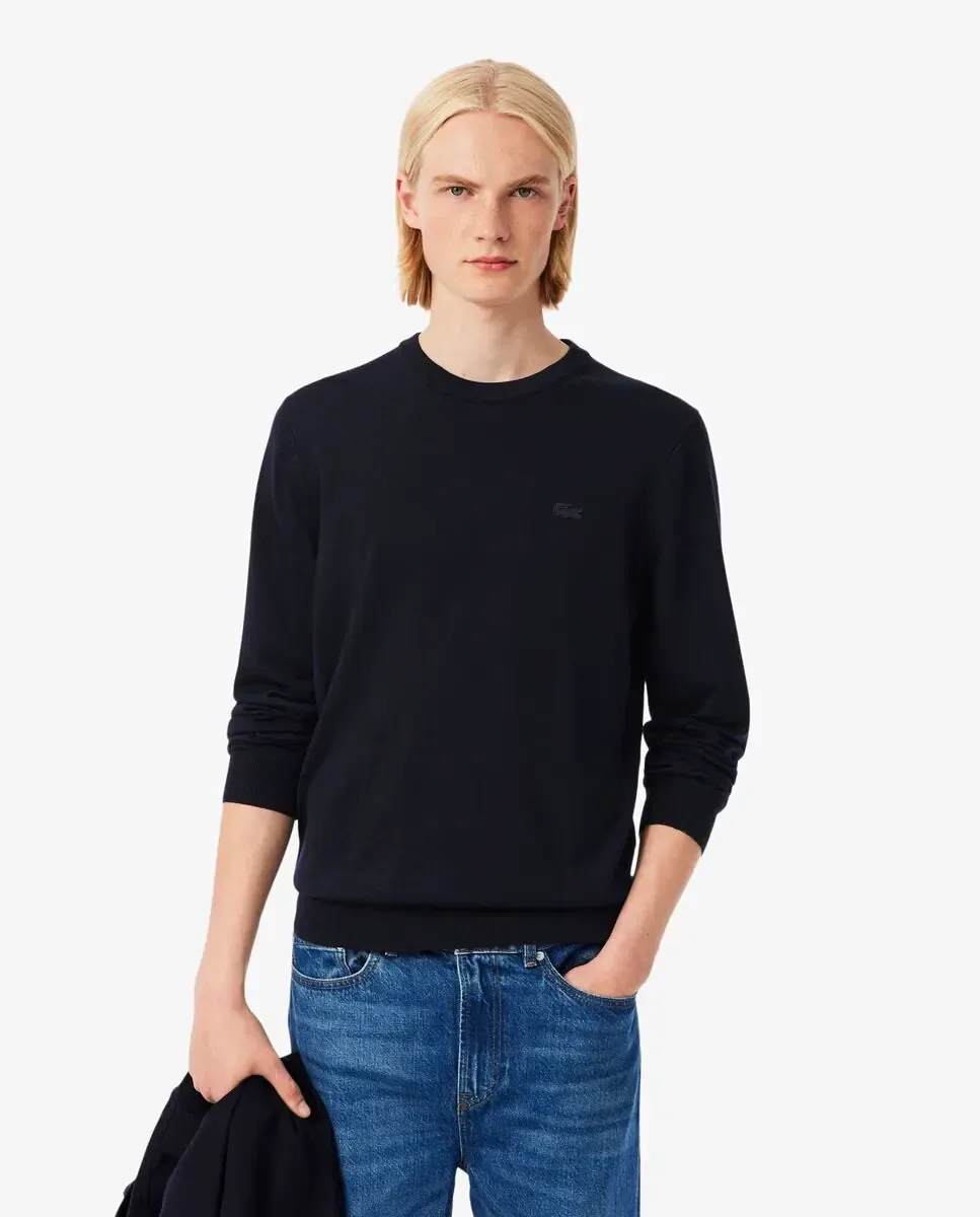 Джемпер мужской Lacoste из мериносовой шерсти, круглый вырез, темно-синий