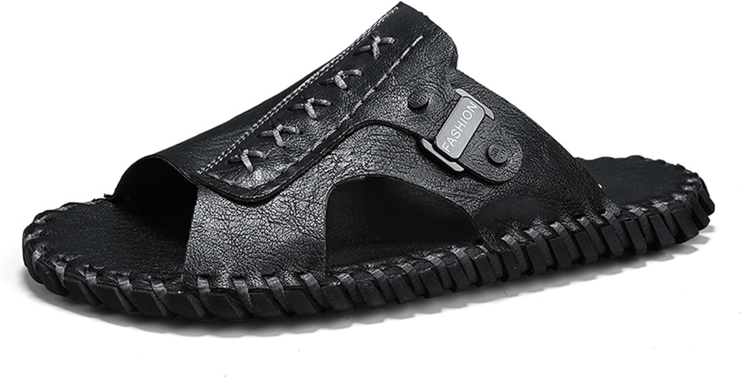

Мужские кожаные сандалии Vtiao, дышащие сандалии для босых ног, модная подошва с ручной прошивкой, мягкий материал, противоскользящие и износостойкие, долговечные, черный