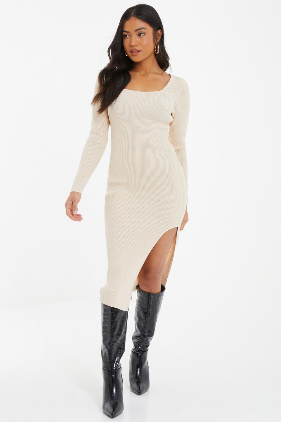 

Платье-миди с длинными рукавами Petite Stone Knit Bodycon QUIZ Clothing