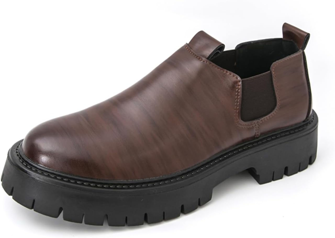 

Мужские ретро кожаные лоферы на толстой подошве, с круглым носком, мягкой низкой платформой, ботинки Челси для работы, встреч, офисных выходов, прогулок на выходных и делового формального стиля Tengfeifly, коричневый