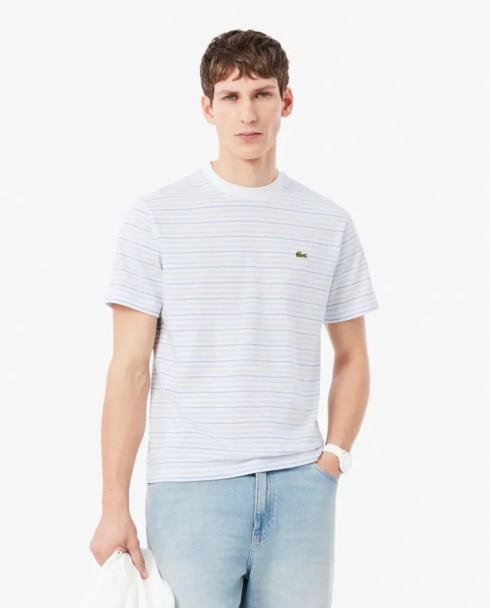 Футболка Lacoste мужская, из плотного хлопка в полоску, светло-голубой