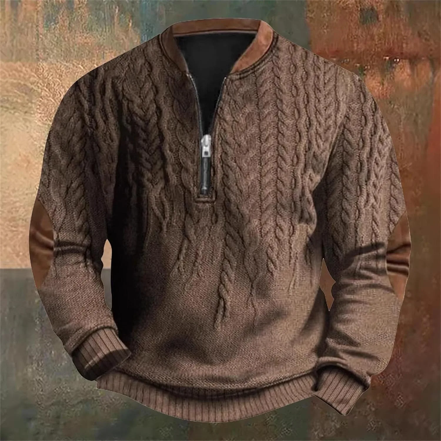 Толстовка Quarter Zip с длинным рукавом, теплая вязаная, Vintage Graphic, Crew Neck, Plus Size — фото 2