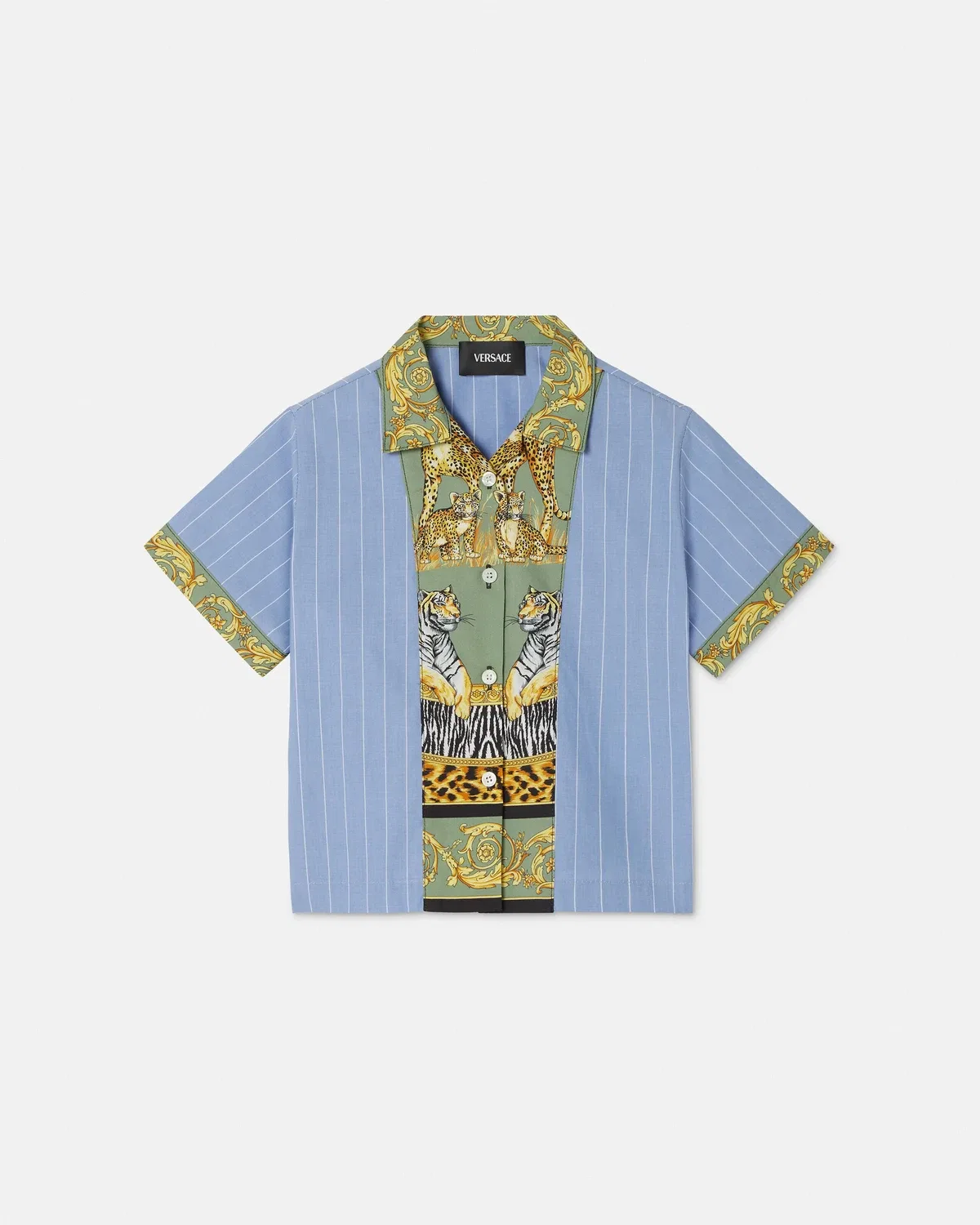 Детская рубашка из хлопкового поплина с принтом и полосками VERSACE, голубой