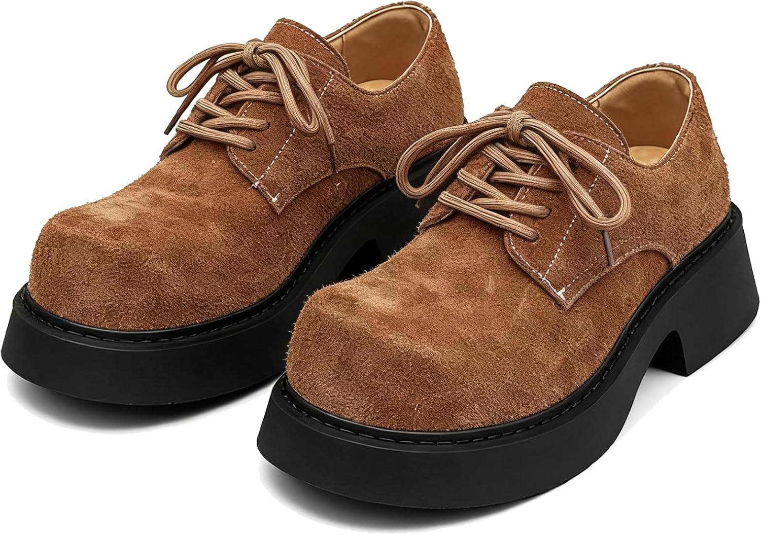 

Мужские замшевые массивные оксфорды на платформе, модные шнурованные с круглым носком, деловые повседневные комфортные классические туфли Tznbgge, коричневый