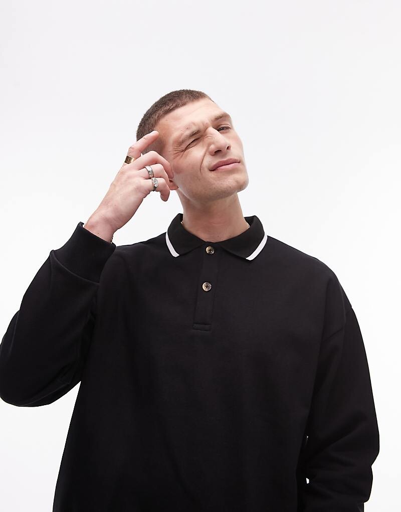 

Topman – черная рубашка-поло оверсайз с контрастным воротником