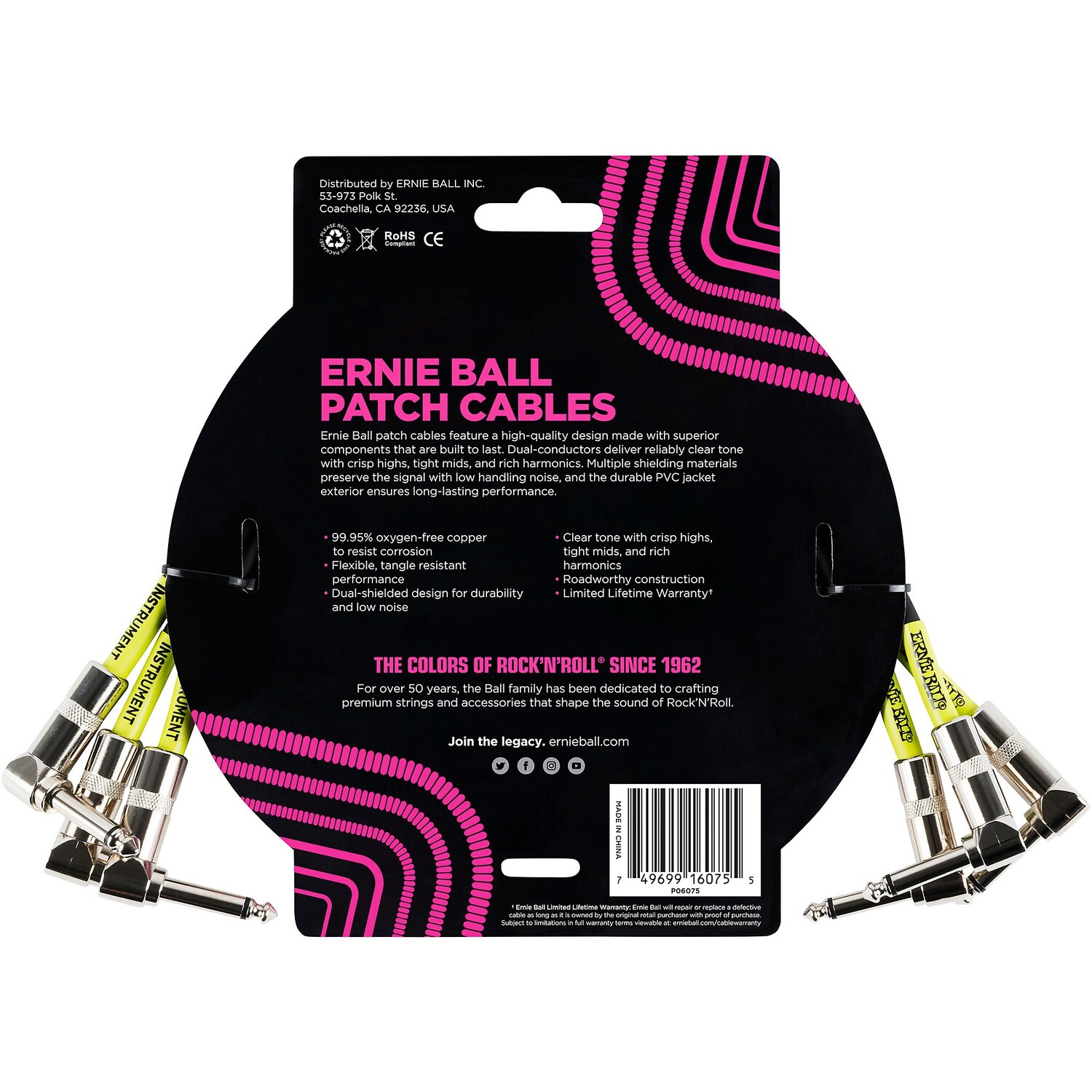 

Комплект из 3 соединительных кабелей Ernie Ball, 1 фут, черный