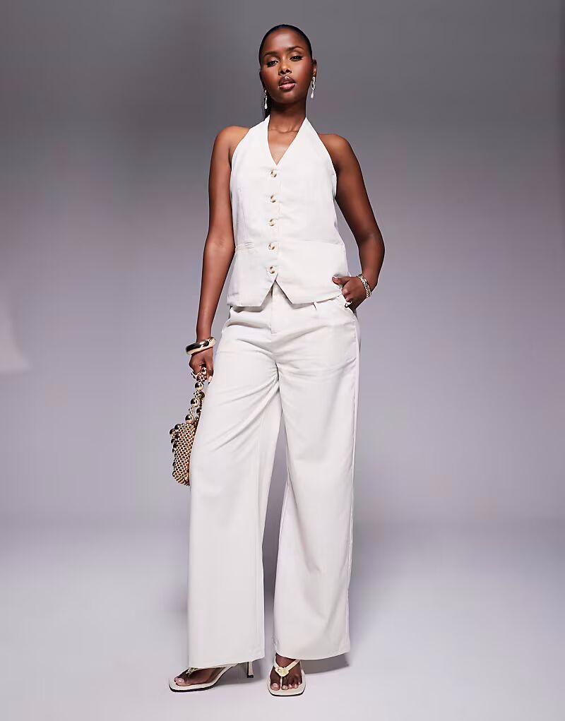 

Принцесса Полли, сшитый на заказ жилет на бретелях через шею и широкие брюки, бежевый цвет Princess Polly