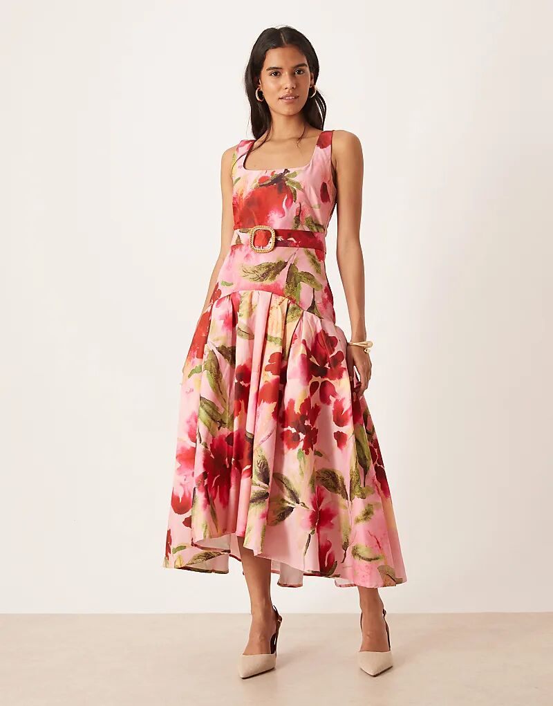 

Платье мидакси Hope & Ivy «Сибил» с квадратным вырезом, заниженной посадкой и поясом на талии розового цвета