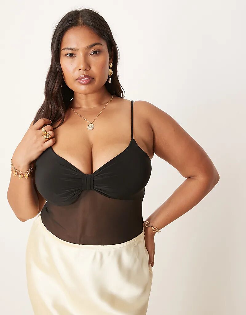 

Боди-комбинезон с сетчатой отделкой и завязками на груди ASOS DESIGN Curve черного цвета Asos Curve