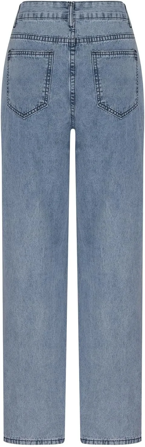 Женские рваные джинсы Loose Ripped 2024 Y2k Streetwear Distressed Denim Trouser High Waist Baggy Plus Size Wide Leg — фото 3