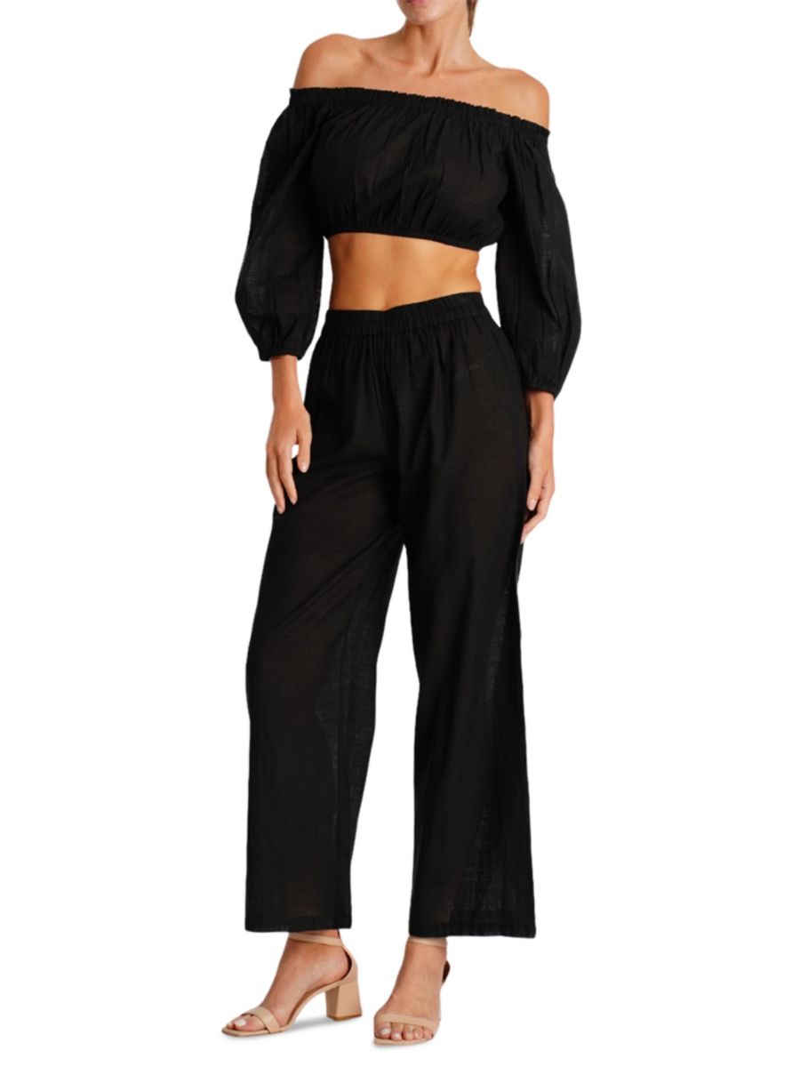 

Комплект из укороченного топа с открытыми плечами и широких брюк La Moda Clothing, черный