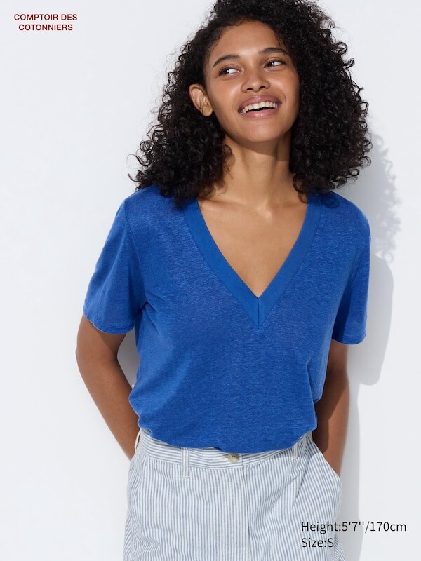 

Льняная футболка с v-образным вырезом и короткими рукавами Uniqlo, синий