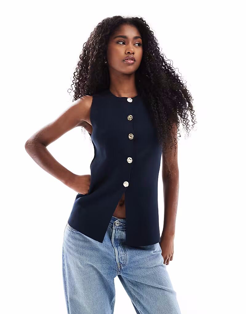 

Жилет ASOS DESIGN трикотажный структурированный с круглым вырезом и золотыми пуговицами темно-синего цвета