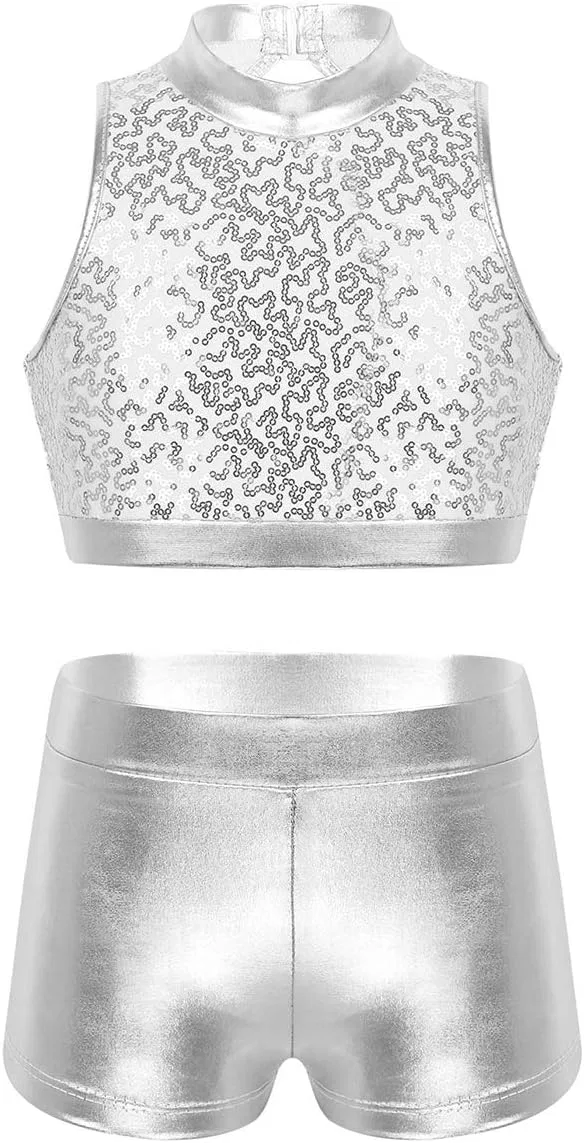 Детский спортивный комплект из топа и шорт YiZYiF, Zo Sequin Silver