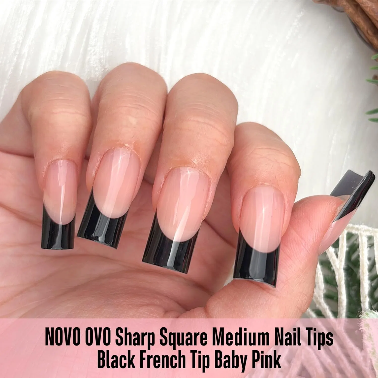 Накладные ногти «Black French Tip» от NOVO OVO Novo Ovo, Meidum Sharp Square Black French Tip Nail Tips Baby Pink 180_Eu — фото 4