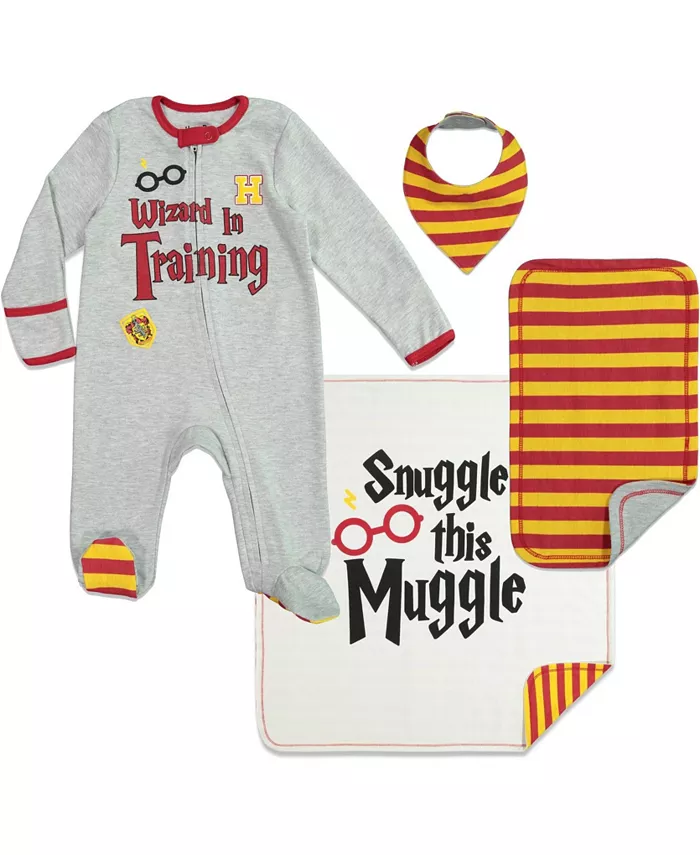 

Комплект для мальчиков Baby Boys Zip Up Sleep N' Play: боди, плед, слюнявчик и салфетка для срыгивания (4 предмета) Harry Potter, серый