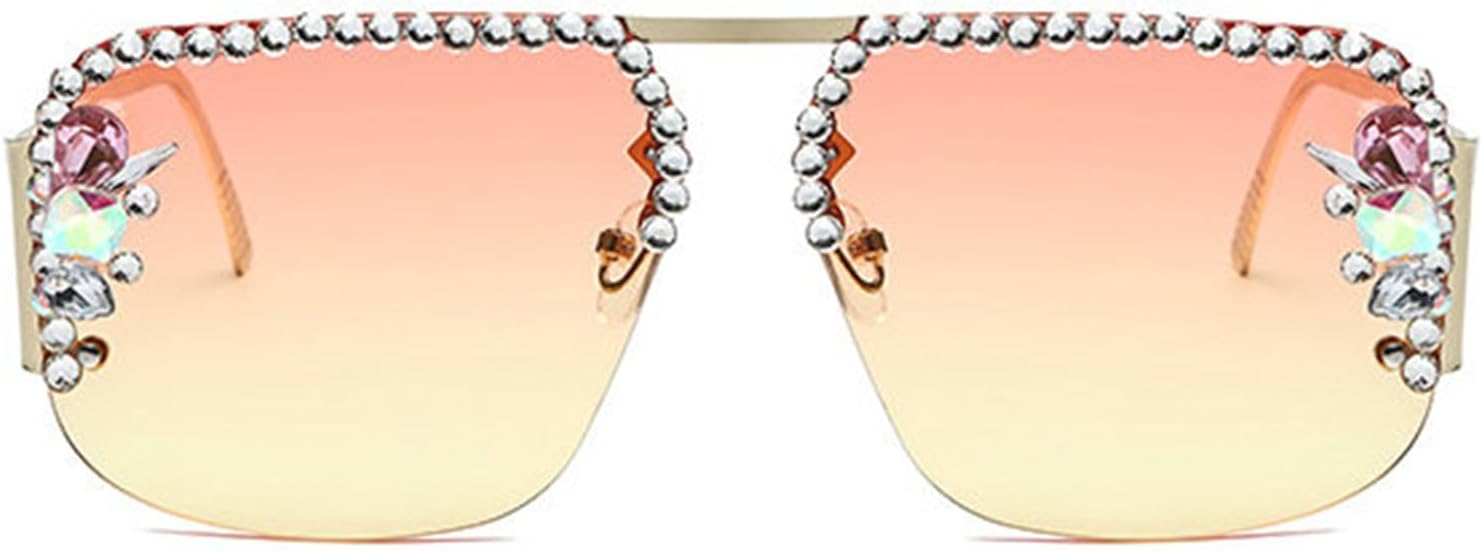 

Willochra Модные солнцезащитные очки-пилот с кристаллами для мужчин и женщин, металлические полуободковые очки в стиле ретро, ​​большие солнцезащитные очки со стразами F27, Pink Yellow