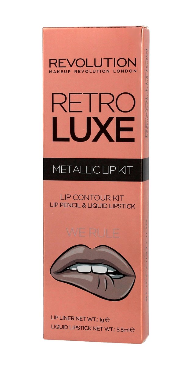 

Makeup Revolution, Набор для губ Retro Luxe Metallic, карандаш для губ + блеск для губ We Rule, 1 г + 5,5 мл