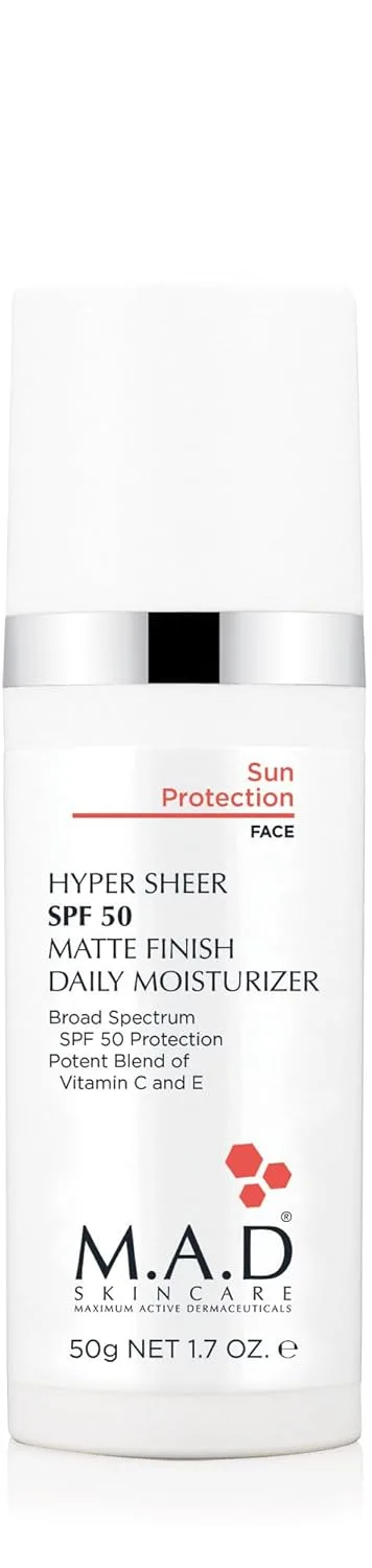 M.A.D Skincare HYPER SHEER SPF 50 MATTE FINISH DAILY MOISTURIZER солнцезащитный увлажняющий крем для лица, нежирный минеральный, контроль жирности с антиоксидантами, без парабенов, 50 мл Mad Skincare