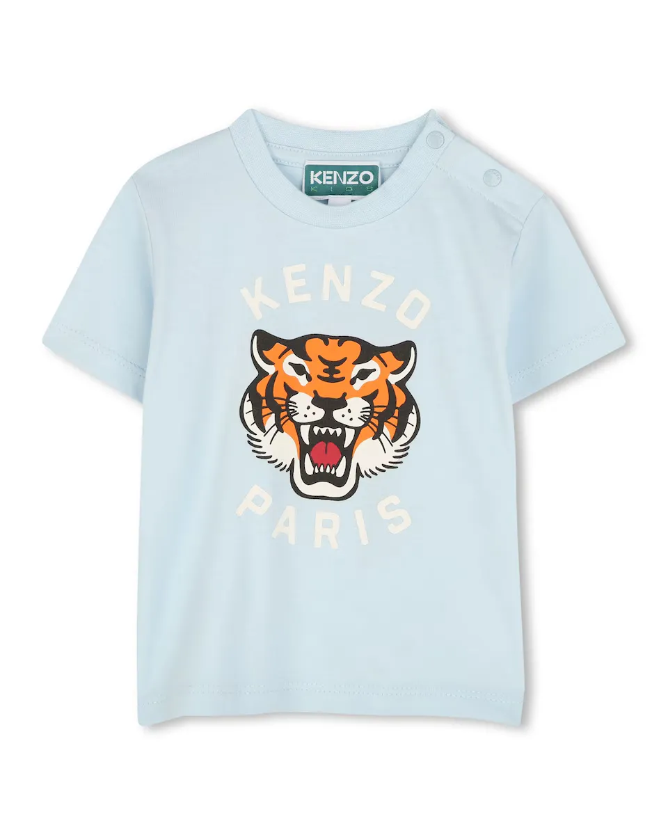 

Детская футболка из хлопка с иллюстрацией спереди Kenzo Kids, голубой