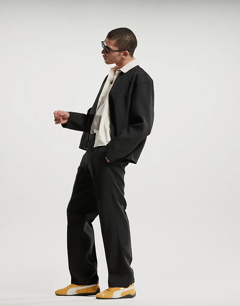 

Строгие прямые брюки ASOS DESIGN черного цвета с отделкой в ​​рубчик и эластичной талией