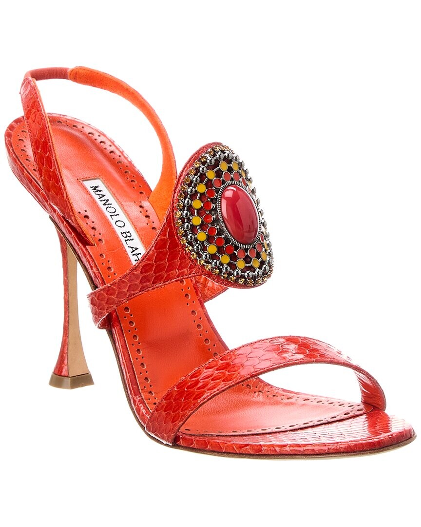 

Manolo Blahnik Rodim 105 Кожаные босоножки с ремешком на пятке со змеиным тиснением, оранжевый