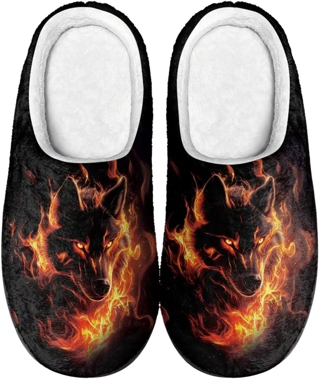 

Xoenoiee Мужские и женские теплые пушистые тапочки для спальни, домашние тапочки, противоскользящие зимние домашние тапочки, Wolf With Fire