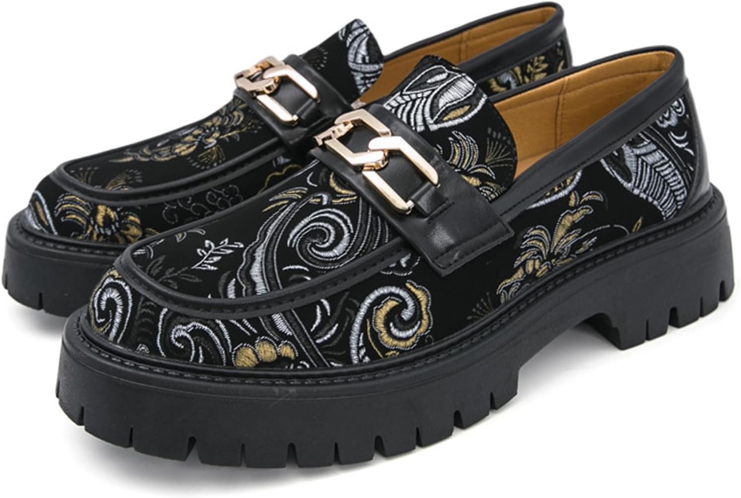 

Мужские мягкие кожаные лоферы на платформе с массивной подошвой и стильной металлической цепочкой, противоскользящей подошвой, с круглым носком, классические туфли, мокасины, для работы и повседневной носки Gxnngej, черный