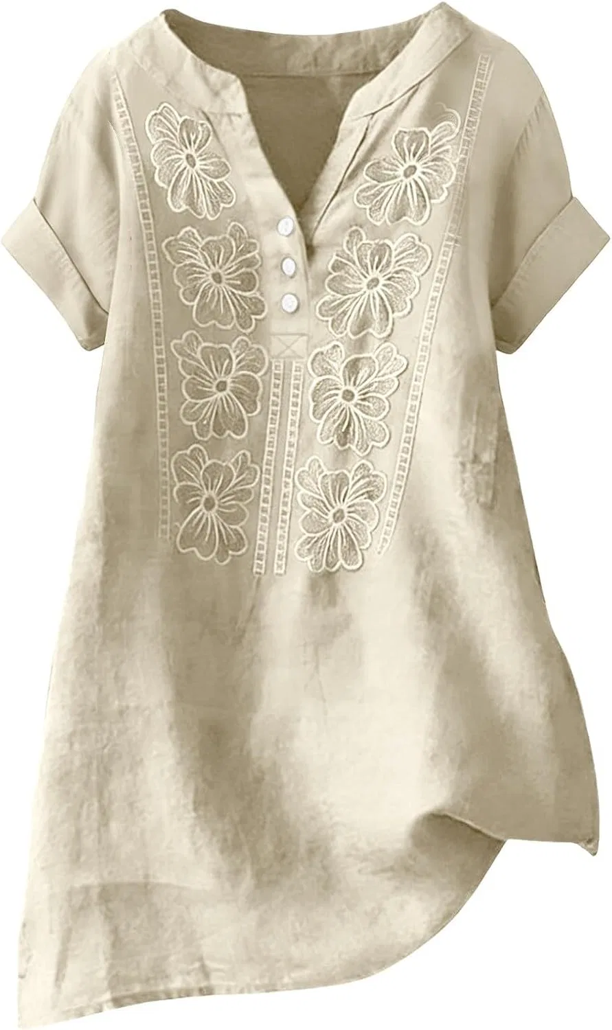 Блуза с вышивкой, льняная хлопковая, Women's Linen Cotton Neck Blouse, бежевый — фото 3