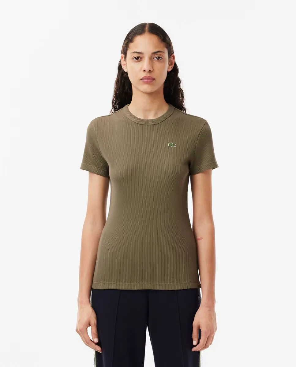 

Женская облегающая футболка из рубчатого хлопка с коротким рукавом Lacoste, темно-зеленый