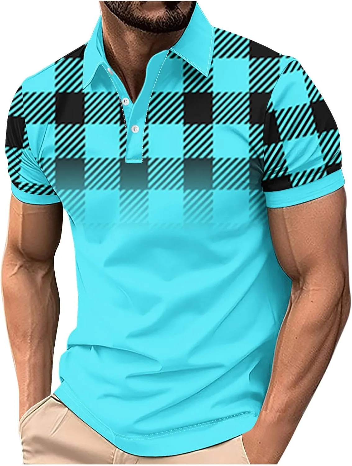 

Мужская футболка для гольфа 2026 с коротким рукавом, цветной блок и клетчатый принт