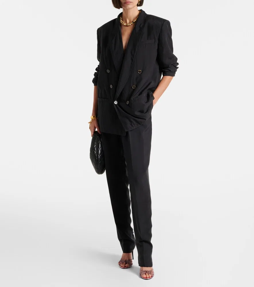 Прямые брюки из плиссированного шелка Saint Laurent, черный — фото 2