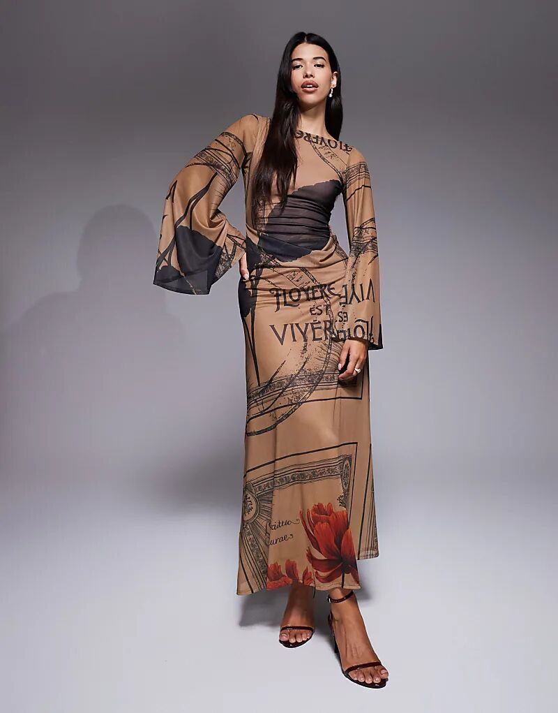 

Платье макси ASOS DESIGN с сетчатым принтом, длинными рукавами и драпировкой на спине, с цветочным принтом