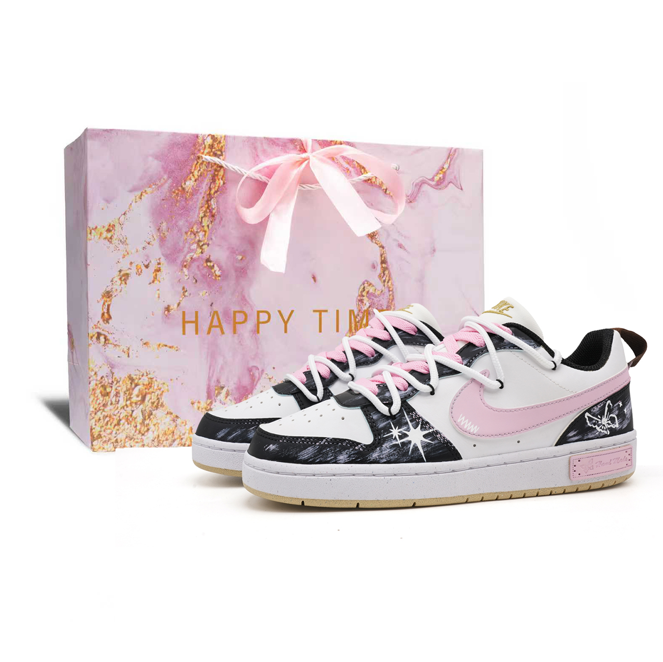 

Nike Детские низкие скейтбордистские кроссовки Court Borough Urban Chic Style Star, противоскользящие и износостойкие, черные с розовым