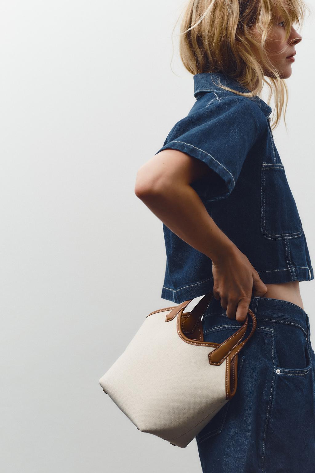

Контрастная холщовая мини-сумка-тоут ZARA, экрю, Белый, Контрастная холщовая мини-сумка-тоут ZARA, экрю