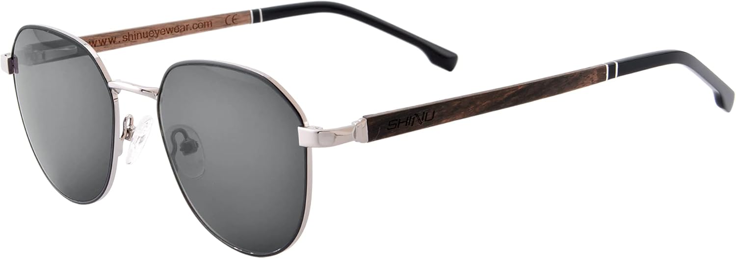 

Поляризованные солнцезащитные очки SHINU для мужчин, очки для вождения, защита от УФ-излучения UV400, металлическая и деревянная оправа, квадратная форма, летние очки для рыбалки, W902, Black and Silver