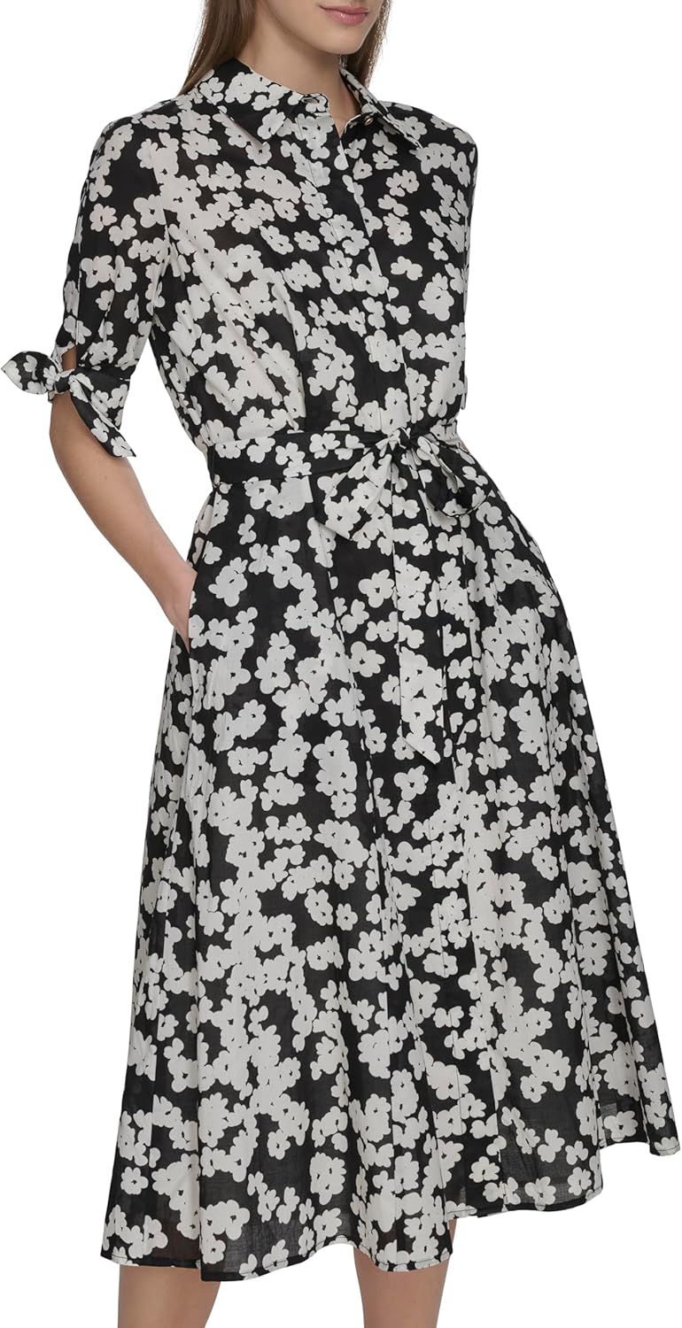 

Женское платье Calvin Klein с цветочным принтом и воротником-стойкой длиной до колена, Blk/Pristine