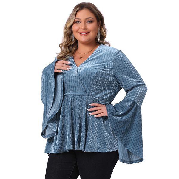 

Блуза Plus size с V-образным вырезом и длинными рукавами-колокол из бархата Agnes Orinda