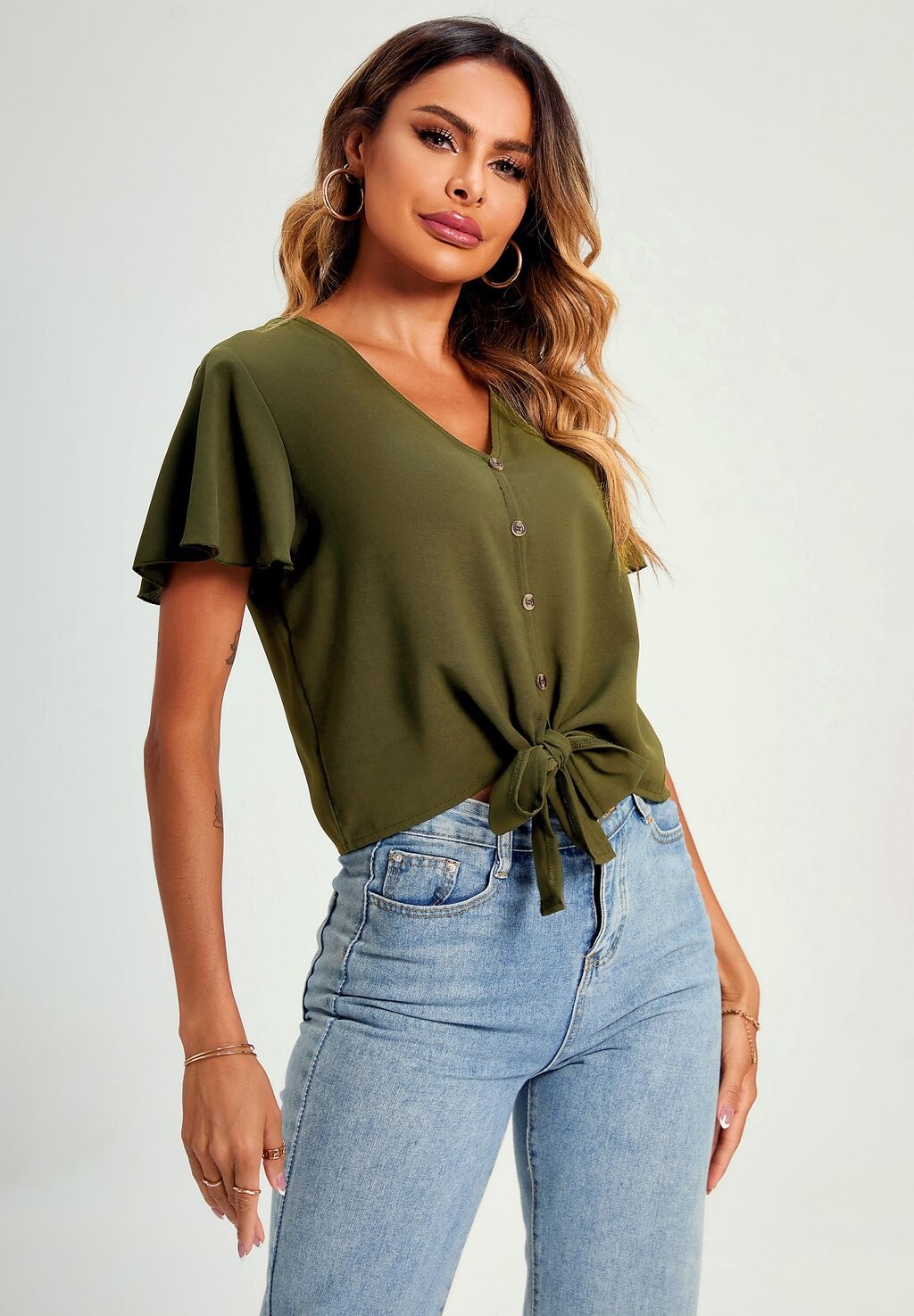 

Блузка Cute Tie Knot Front Buttoned Short Sleeve Crop FS Collection, хаки