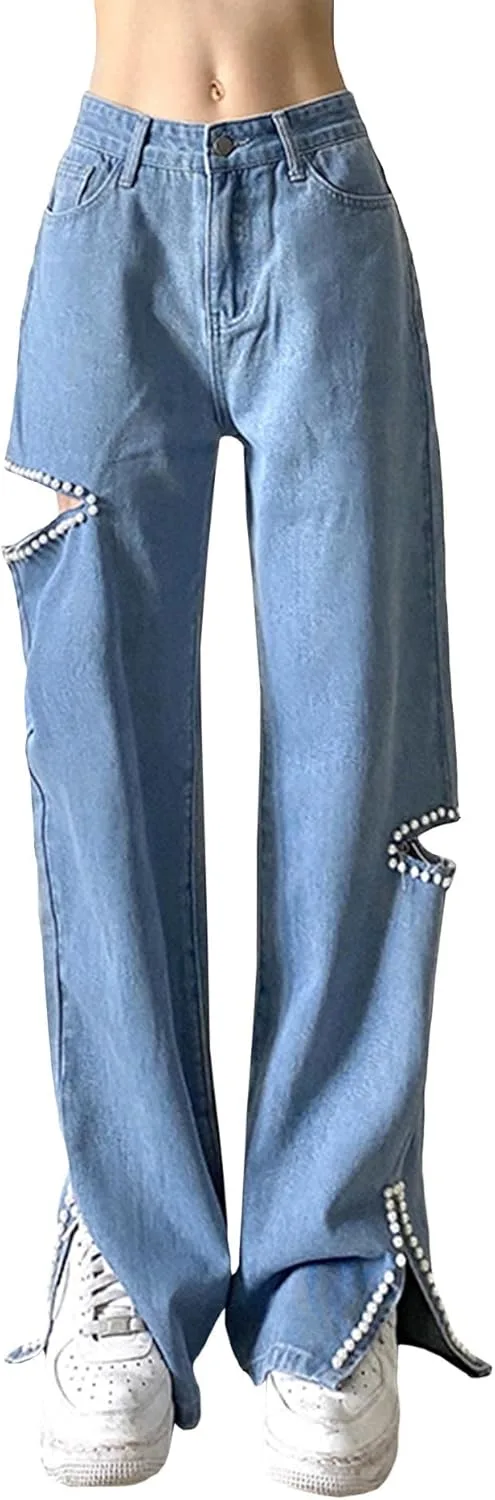 

SOMTHRON женские джинсы с высокой талией, расклешенные, рваные, с разрезами на щиколотках