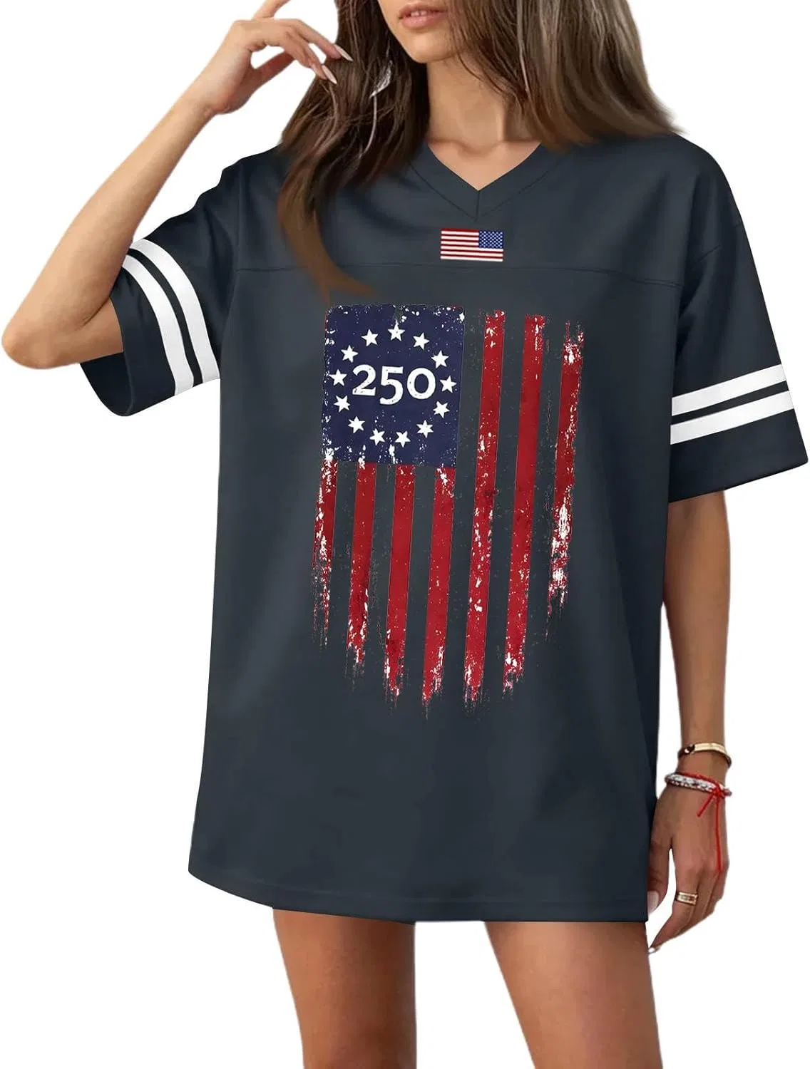 Generic Женская свободная рубашка American Apparel USA, красно-бело-синяя, ко Дню независимости США, с V-образным вырезом и коротким рукавом, спортивная одежда — фото 4
