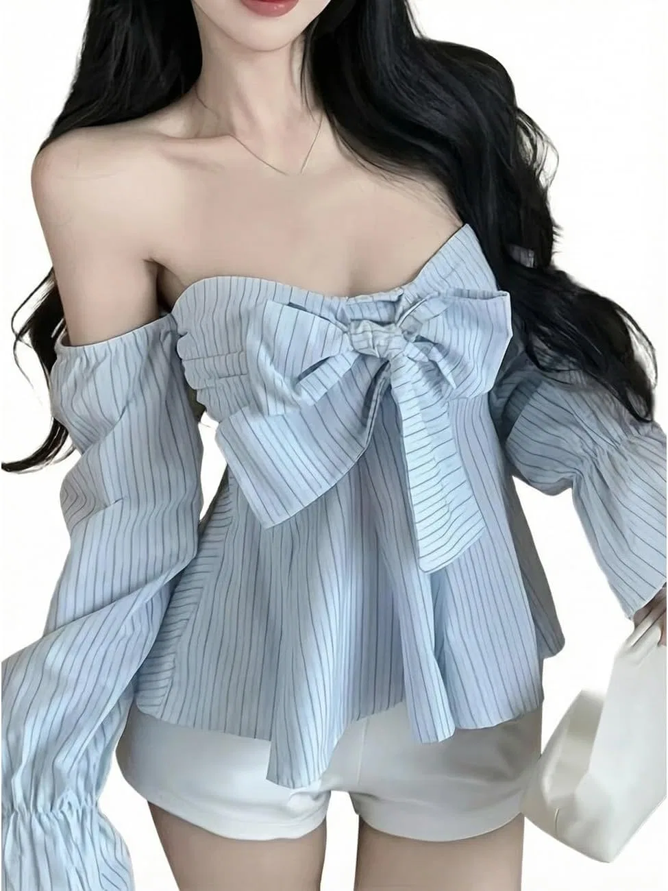Блуза с полоской, off-shoulder из коллекции, голубой